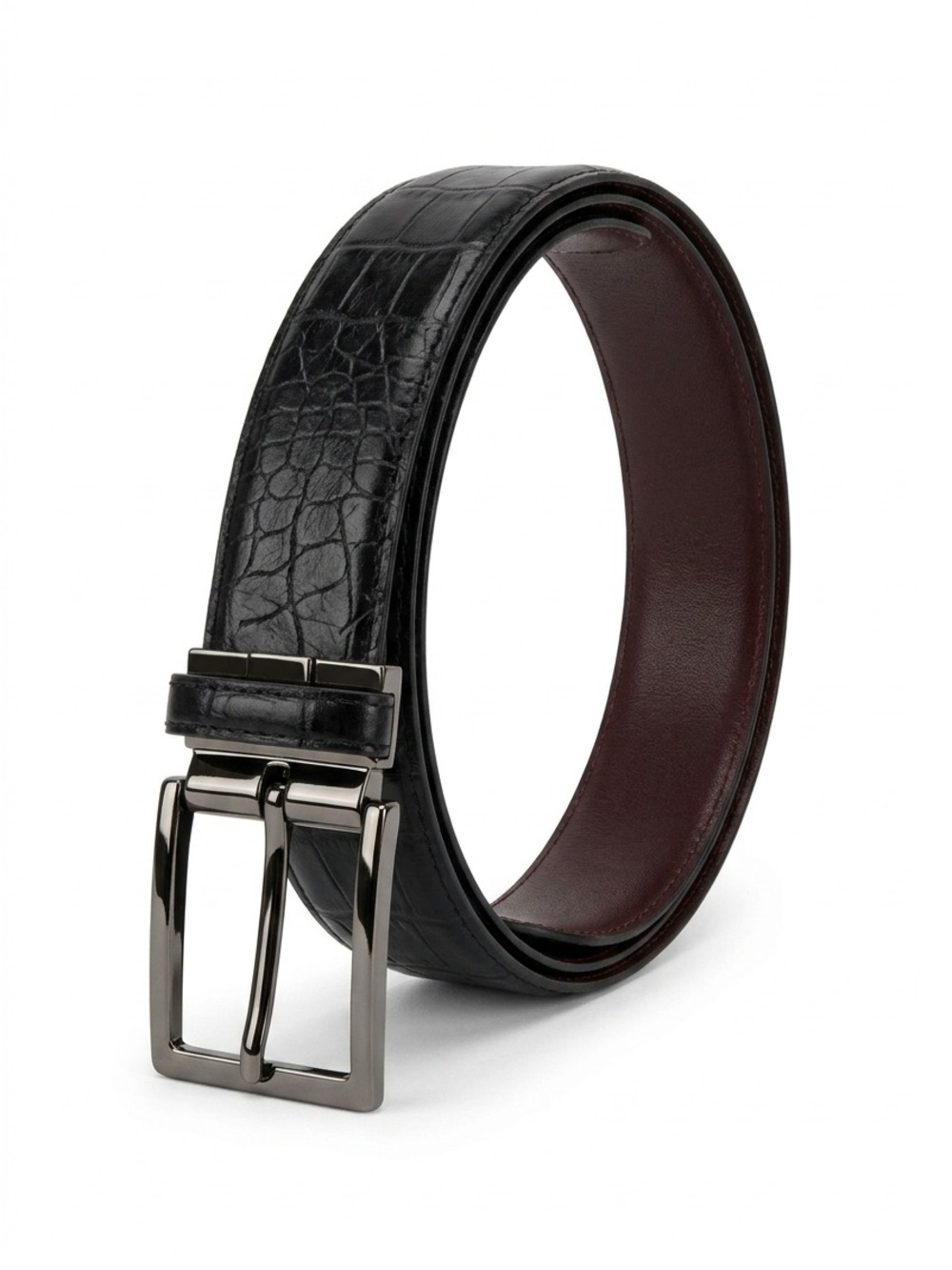 Reversible Black and Burgundy Croc-Embossed Leather Belt